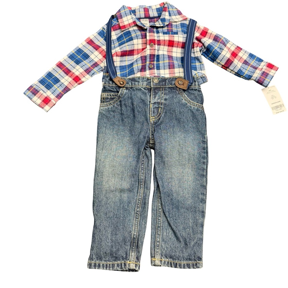 Carter’s Kids Plaid Shirt & Denim Suspender Pants Set 18M NWT Baby Outfit